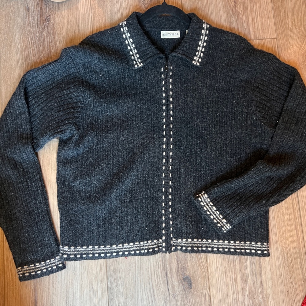 Ann Taylor Charcoal Cardigan with White Trim